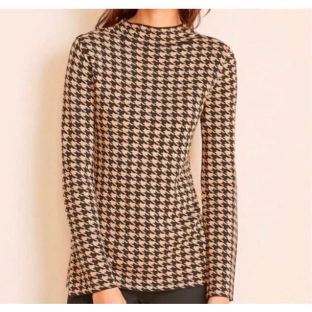 Ann Taylor Womens Black & Tan Mock Neck Houndstooth Long Sleeve Tunic Sz L